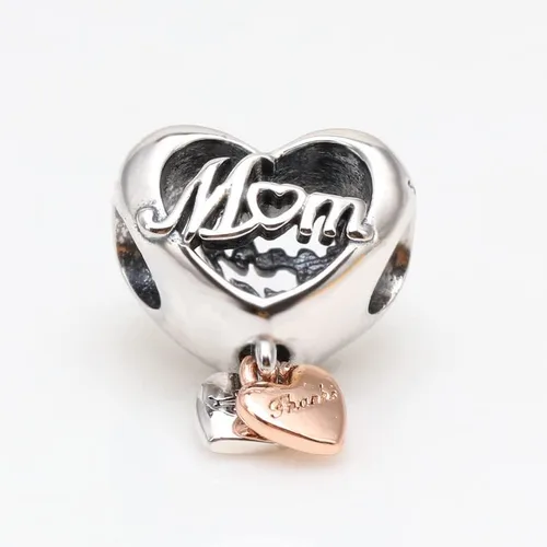 Vista 5 de Thank You Mum Heart Charm 925 Colgante de plata esterlina, joyería niña cuentas regalos para mujeres pulsera y collar A0054