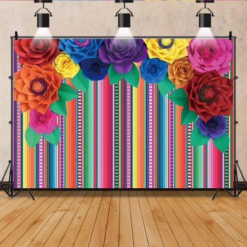 Vista 4 de Telón de fondo mexicano de 5 x 3 pies para fotografía de flores de papel colorido mexicano Cinco de Mayo Carnival Festival telón de fondo colorido a