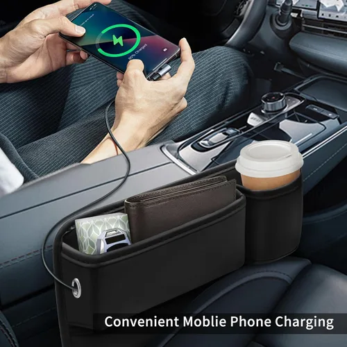 Vista 3 de Portavasos de cuero para automóvil, 2 piezas, relleno de huecos para asiento de automóvil con portavasos para tazas, gafas, tarjeta y llave Negro