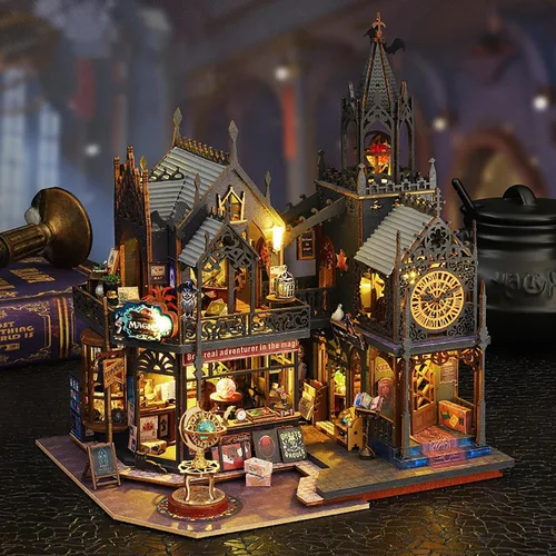 Vista 6 de Kit de Rincón de Libros de Bricolaje - Kit de Casa de Muñecas en Miniatura con Muebles y Luz LED, Rompecabezas 3D de Madera Sujetalibros de Arte