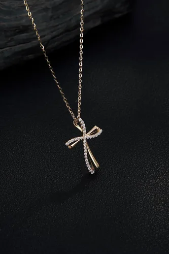 Vista 4 de Collar de cruz de oro sólido de 14 quilates para mujer, colgante de cruz con moissanita, regalos de joyería de 16+1+1 pulgada, Piedra, Moissanita