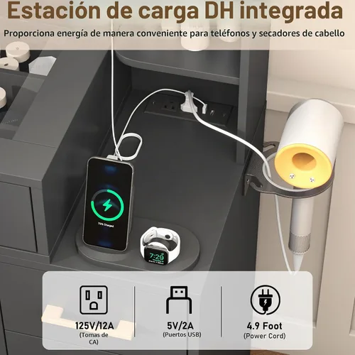 Vista 5 de Escritorio de tocador con espejo y luces, tocador de maquillaje grande de 43.5 pulgadas con parte superior de vidrio y 9 cajones, mesa de maquillaje