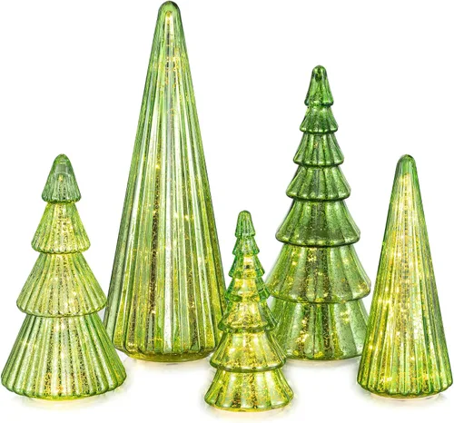 Vista 13 de Glasseam Centros de mesa de Navidad dorados para mesa: juego de 3 árboles de Navidad de vidrio de mercurio con luces, árboles de Navidad de mesa