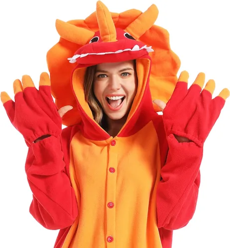 Vista 6 de dressfan Disfraz de dragón de Triceratops de animal, disfraz de dinosaurio, Navidad, Halloween, cosplay, pijama, unisex, para adultos y adolescentes