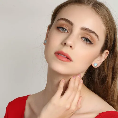 Vista 6 de Aretes de ópalo chapados en oro blanco para mujeres y niñas, aretes de ópalo con halo de circonita cúbica para mujer, Metal, Ópalo creativo