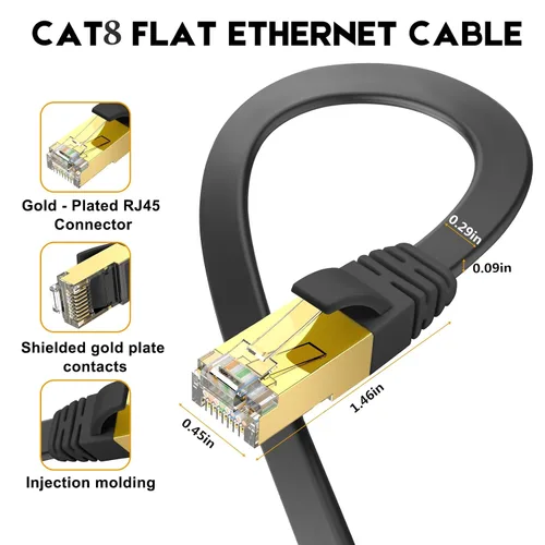 Vista 6 de Ercielook Cable Ethernet CAT8 de alta velocidad de 20 pies, cable plano de Internet blindado, resistente a la intemperie S/FTP resistente a los Negro