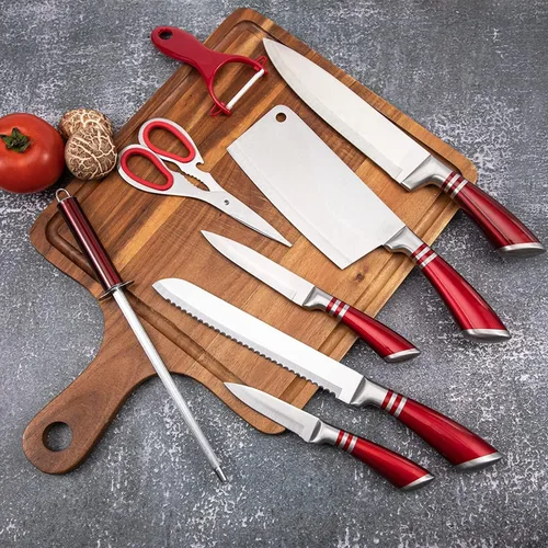 Vista 4 de Juego de cuchillos de cocina, juego de 9 cuchillos rojos con bloque acrílico, cuchillo de chef de acero inoxidable de alto carbono antiadherente