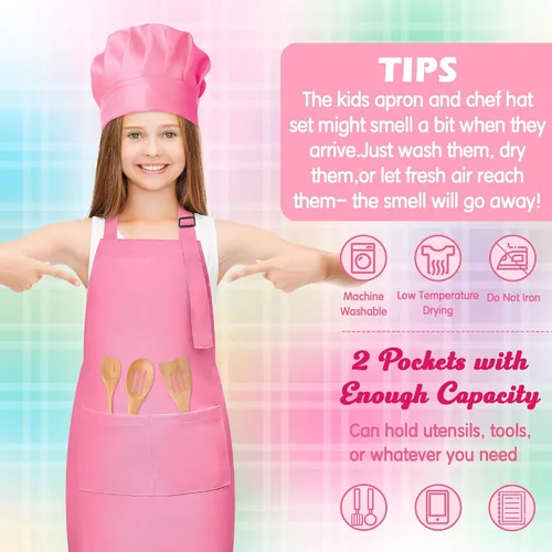 Vista 4 de Juego de delantal y sombrero de chef para niños, 6 piezas de delantal de cocina ajustable colorido para niñas y niños, juguete de simulación, regalo