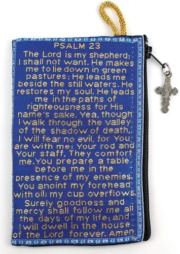 Vista 4 de TREE OF LIFE REV. 2214 Bolsa de rosario católico, Jesús el Buen Pastor y Salmo 23, 4 x 6 pulgadas, joyería y monedero con cruz, pequeña bolsa tejida