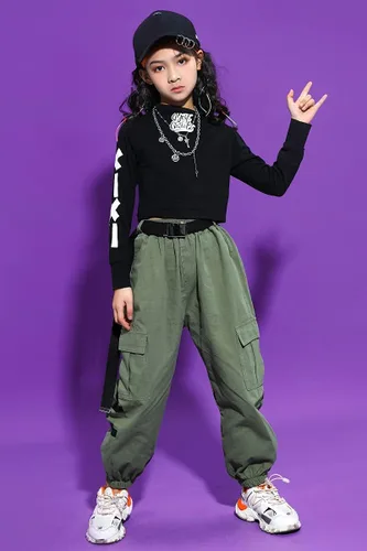 Vista 7 de LOLANTA Conjuntos de ropa para niñas, trajes de baile de jazz de manga larga, tops cortos de estilo cargo hip hop