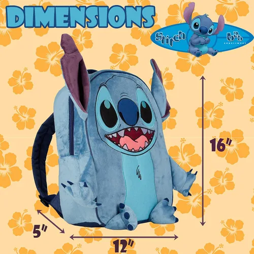Vista 6 de Disney Lilo and Stitch - Mochila para niñas y niños, 16 pulgadas, mochila escolar de felpa con brazos, piernas y orejas 3D, Azul