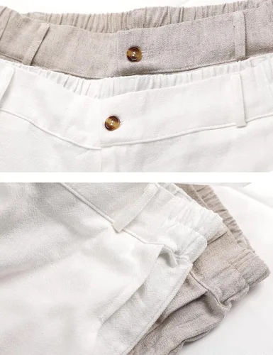 Vista 7 de Hooever Pantalones casuales de lino y algodón para mujer, con botones, cintura alta, pierna ancha