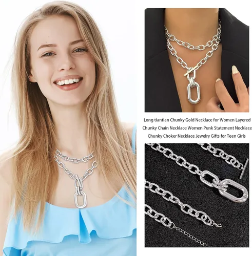 Vista 4 de Long tiantian Collar grueso de oro para mujer, collar de cadena gruesa en capas, collar punk para mujer, gargantilla gruesa, regalo de joyería