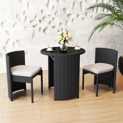 Vista 3 de Juego de 3 piezas de mimbre para exteriores, muebles de patio que ahorran espacio con mesa de ratán para césped, jardín, piscina, balcón, sin