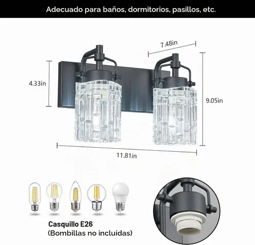 Vista 5 de Luz de Tocador de Baño de 2 Luces Moderna con Soporte de Vidrio de Cristal Luz de Baño Negra Accesorios de Iluminación de Tocador de Cristal