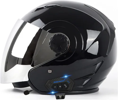 Vista 16 de Casco Bluetooth para motocicleta 3/4, casco retro abierto con visera solar, casco de moto Jet para hombres y mujeres adultos, casco aprobado por DOT