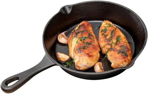 Vista 8 de Restaurantware Met Lux - Sartén sazonada de 6.5 x 10 x 1 pulgadas, 1 sartén resistente lista para horno, agujero para colgar, con boquilla