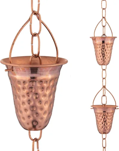 Vista 10 de Cadena de lluvia de cobre – Campanas decorativas y tazas reemplazan la canaleta y desvían el agua lejos de casa para una impresionante exhibición