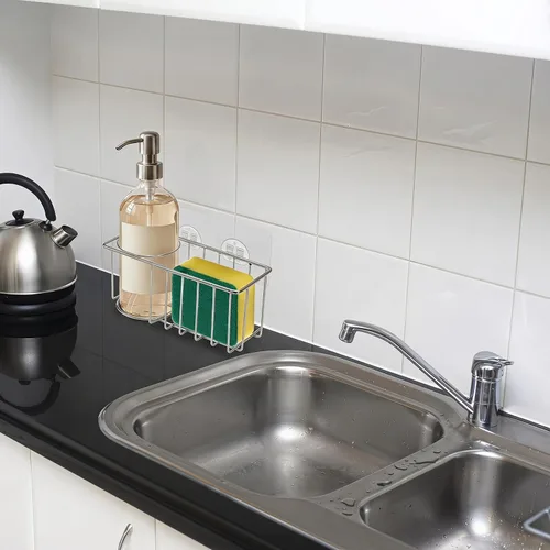 Vista 6 de Soporte de esponja 3 en 1 para fregadero de cocina con soporte para cepillo de platos de acero inoxidable para colgar fregadero organizador