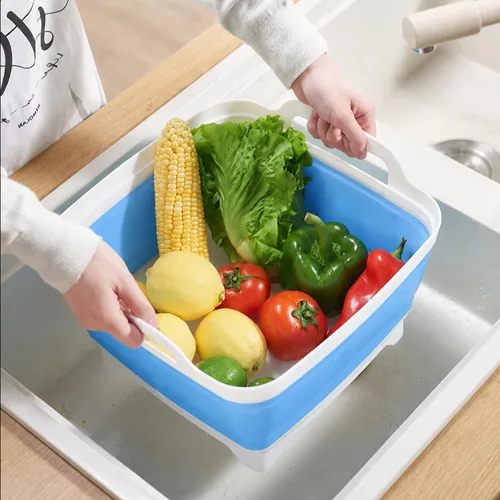 Vista 9 de Lavaplatos plegable de 2.4 galones (9L) con tapón de drenaje, para exteriores, multiuso, ahorro de espacio, bandeja de almacenamiento de cocina