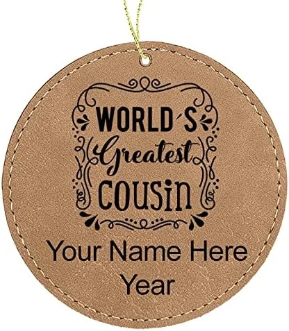 Vista 3 de LaserGram Personalized Christmas Ornament, World's Greatest Cousin, Faux Leather, Custom Laser Engraved Gift Idea (Round Shape, Black with Gold)