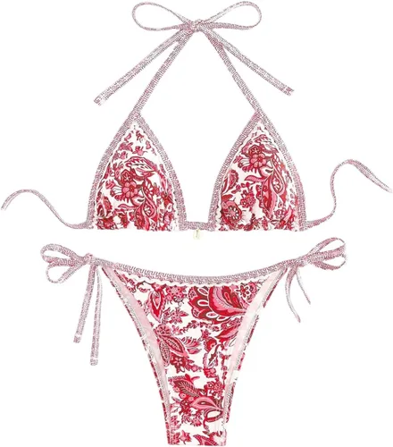 Vista 19 de WDIRARA Traje de baño de dos piezas para mujer estilo boho con estampado floral, conjunto de bikini halter con tiras en forma de triángulo