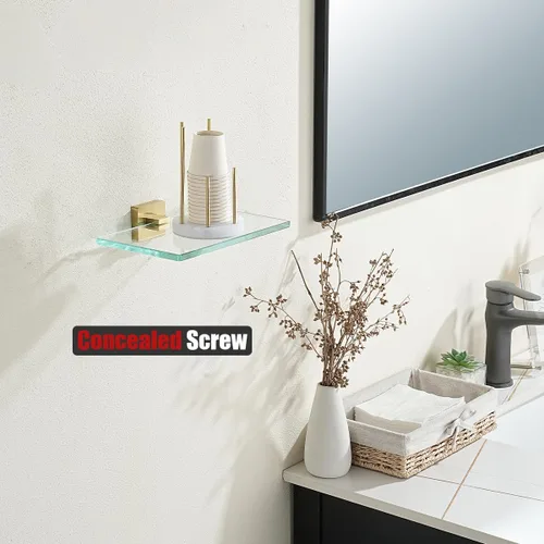 Vista 5 de JQK Estante de baño de vidrio dorado, vidrio templado para almacenamiento en la ducha de 8 por 5 pulgadas, acero inoxidable 304 dorado cepillado