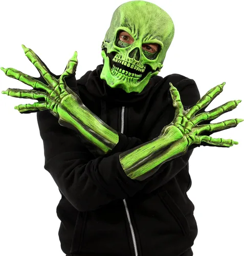 Vista 7 de Zagone Studios Máscara de esqueleto de Halloween con calavera verde reactiva a los rayos UV