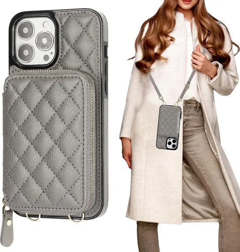Vista 9 de Bocasal Funda tipo cartera cruzada para iPhone 13 Pro Max, bloqueo RFID de cuero PU con cremallera, bolso cartera con tapa plegable, funda tipo Beige
