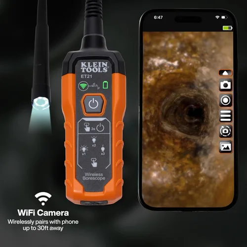 Vista 3 de Klein Tools ET21 Boroscopio WiFi con luz, cámara de inspección para iPhone y Android, cámara impermeable, IP67 clasificada, iluminación LED ajustable