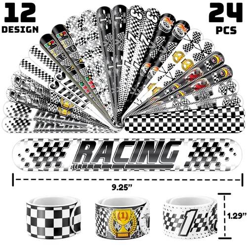 Vista 3 de Juego de 72 piezas de bandera a cuadros, 48 tatuajes temporales y 24 pulseras de palmada, suministros de cumpleaños temáticos de carreras, regalos