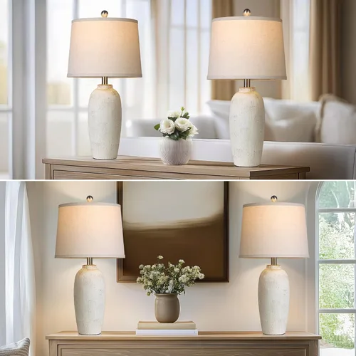 Vista 5 de Juego de 2 lámparas de mesa en tarro de cerámica de 25 pulgadas para dormitorio, lámparas de mesita de noche beige para sala de estar