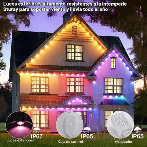 Vista 8 de iYogaled Luces exteriores permanentes para casa, 50 pies de luces de borde exterior inteligentes RGB con 63 modos de escena, luces LED impermeables