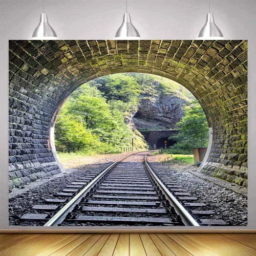 Vista 10 de Telón de fondo de pista de tren de 5 x 3 pies, túnel de montaña, ladrillo vintage, Sunmmer, paisaje, árboles verdes, sol, adulto, hombre, niño
