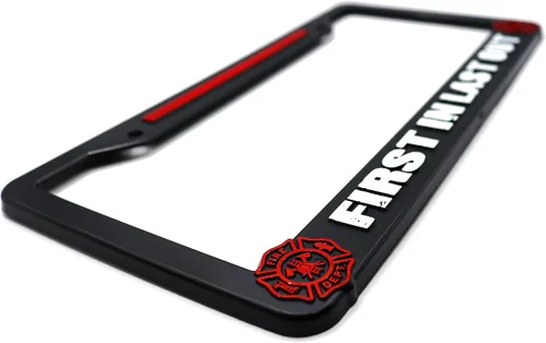 Vista 2 de First in Last Out Firefighter - Marco elevado 3D para placa de matrícula 1 paquete de cubierta de matrícula de automóvil de Estados Unidos