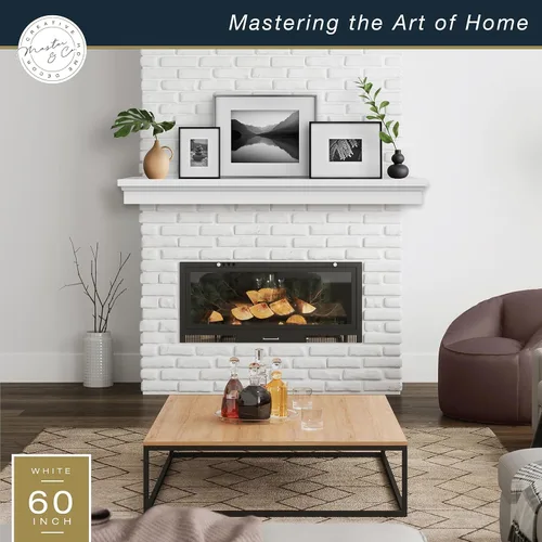 Vista 3 de MCS Repisa de 60 pulgadas, Master & Co Repisa de chimenea flotante de madera maciza con acabado blanco, estante flotante largo para sala de estar