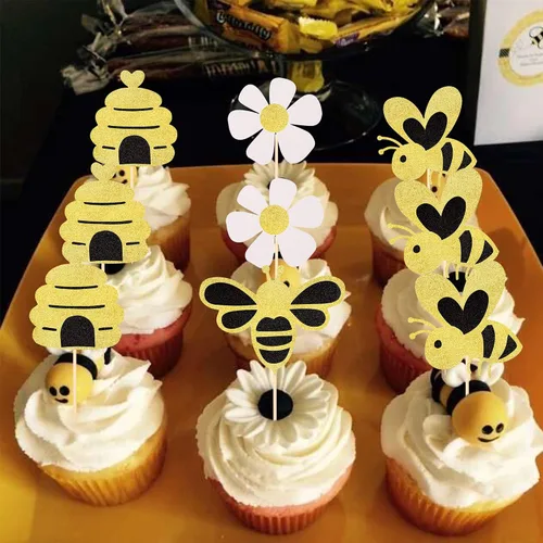 Vista 4 de Paquete de 24 adornos para cupcakes de abejorros con purpurina de abeja, panal, cupcakes, para revelación de género, baby shower, fiesta