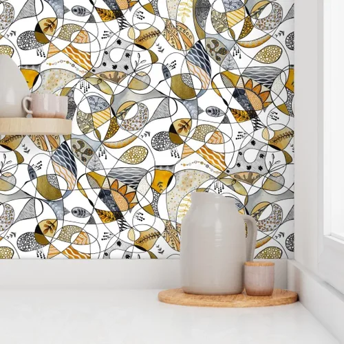 Vista 8 de Muestra de papel tapiz extraíble - Línea Gris Amarillo Grande Negro Blanco Hojas Círculos Puntos Papel pintado personalizado pre-pegado por