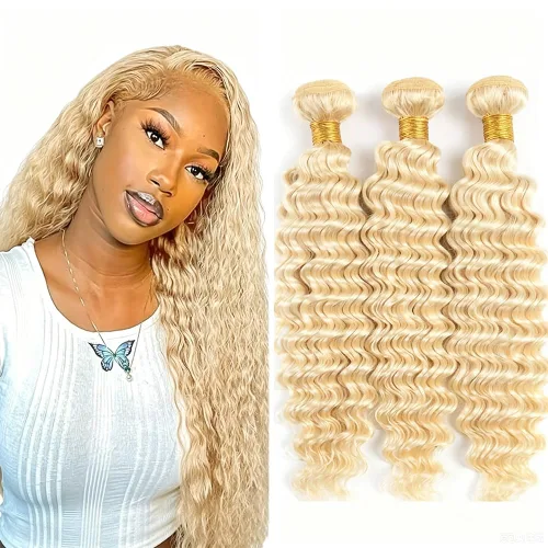 Vista 222 de P4613 Cabello humano rizado onda profunda marrón y paquetes mixtos 8 10 12 P4613 Ombre Marrón-Rubio-DP
