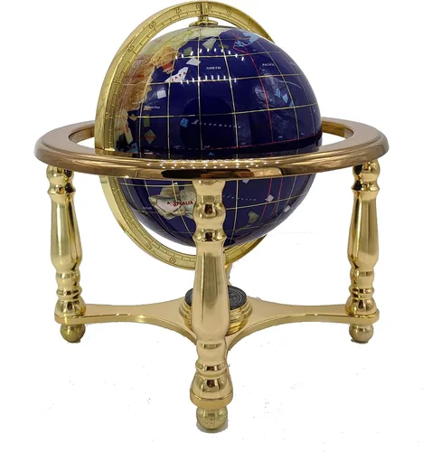 Vista 2 de Globo de piedra preciosa de lapislázuli azul de 10 pulgadas de alto con soporte dorado de 4 patas