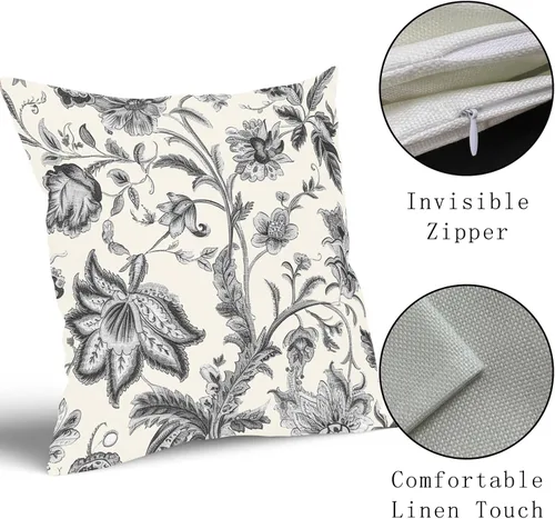 Vista 4 de Sweetshow Juego de 2 fundas de almohada florales vintage de 16 x 16 pulgadas, fundas de almohada florales negras y grises, fundas de almohada