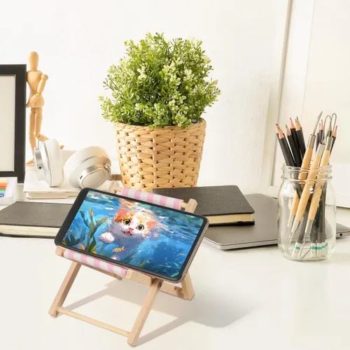 Vista 7 de Beavorty Silla de playa Soporte para teléfono móvil Soporte de escritorio de madera y lona para silla de playa de madera en miniatura, soporte