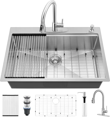 Vista 10 de Onader Fregadero de cocina de 25 x 22 pulgadas, acero inoxidable calibre 16 níquel cepillado, fregadero de cocina moderno con accesorios, 10