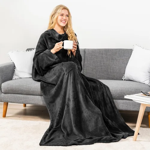Vista 4 de PAVILIA Manta con Mangas para Adultos Mujeres Hombres, Manta Suave y Cálida Usable de Vellón Envolvente Tipo Throw, Manta Bata Regalo
