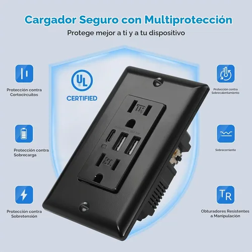 Vista 3 de ECOELER Receptáculo de Tomacorriente USB Negro de 3 Puertos, Tomacorriente de Pared USB C de 6.0A 30W, Enchufe Resistente a Manipulaciones de 15