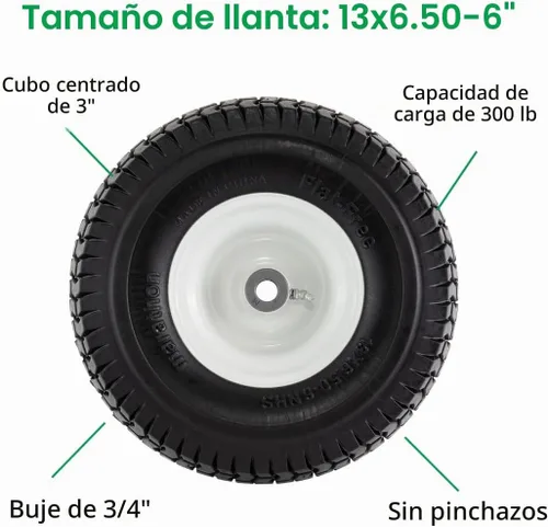 Vista 4 de Marathon Neumático de cortacésped plano de 13x6.50-6" en rueda, cubo de 3", bujes de 3/4