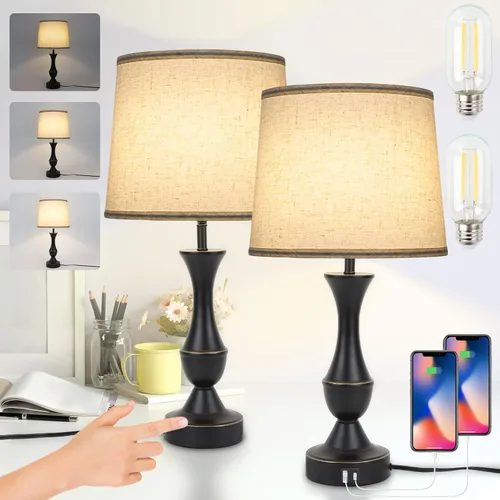 Vista 11 de LALISU Lámpara de mesa de granja con control táctil, lámpara de mesa regulable de 3 vías, lámpara moderna de mesita de noche con 2 puertos USB