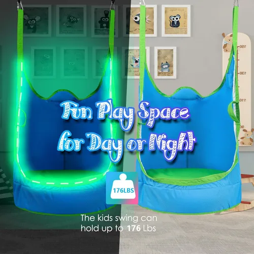 Vista 2 de Silla Columpio Colgante Mejorada para Niños, Silla Hamaca Colgante para Niños con Luces LED, Asiento Columpio Colgante de Tela Oxford 900D para Azul