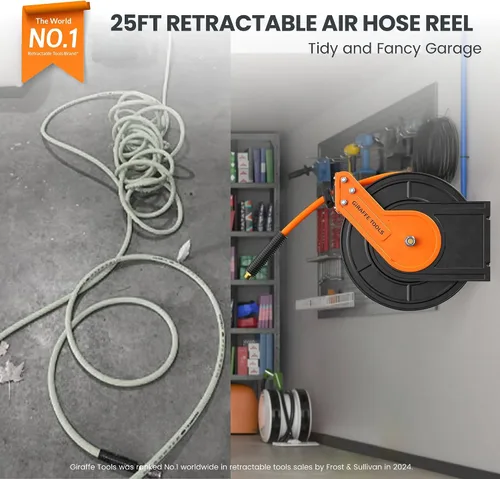 Vista 2 de Giraffe Tools TA10B - Carrete retráctil para manguera de aire de 25 pies, montaje en pared, compresor de aire de acero resistente, rebobinado