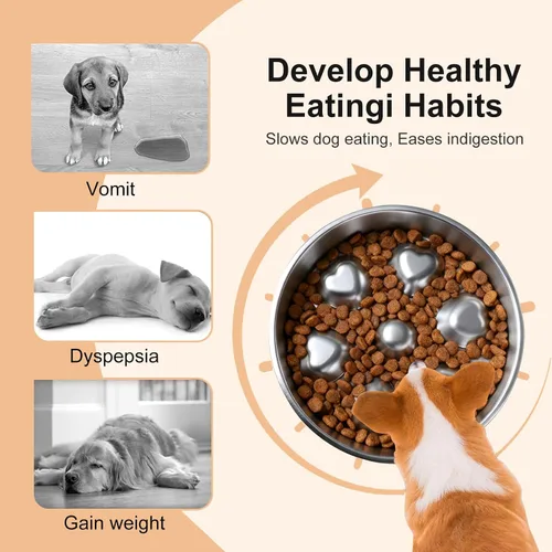 Vista 6 de Paquete de 2 cuencos de acero inoxidable para perros de alimentación lenta, cuencos de metal antideslizantes para mascotas para comedores rápidos